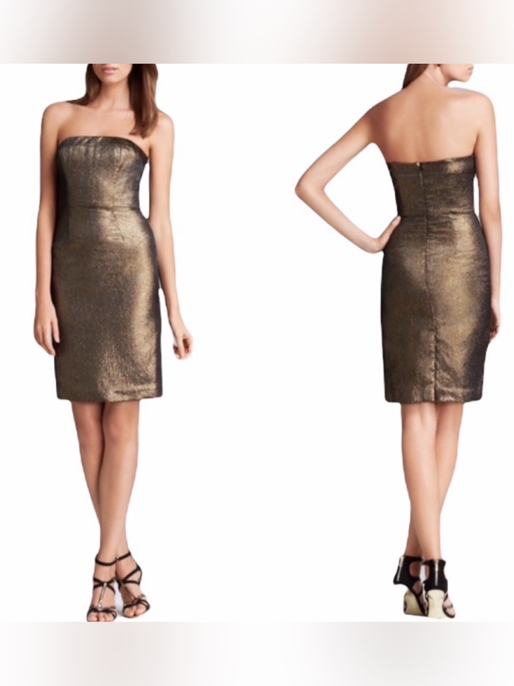 NWT ($368) TRINA TURK Gold Strapless Metallic Sheath Dress Sz 12